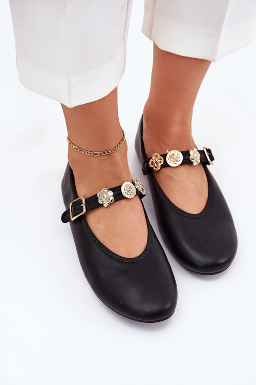 Women's Ballerinas With Strap And Golden Decorations Black Firicene