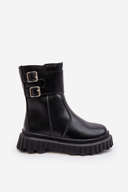Children's Leather Boots with Buckles Black Chloraia