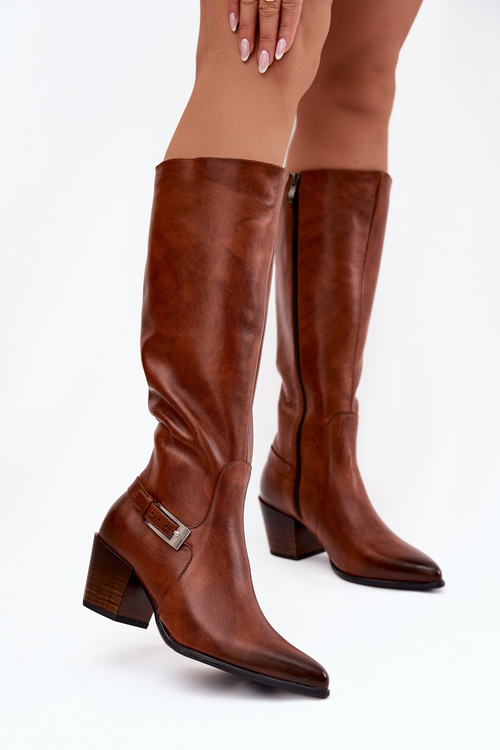 Leather High Heeled Boots With Buckle Lined Zazoo 70156 Brown