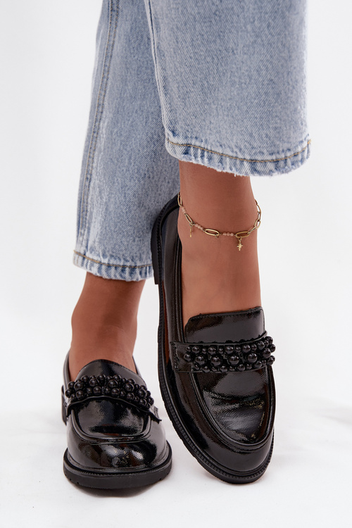 Women's Patent Loafers With Beads S.Barski HY52-541 Black