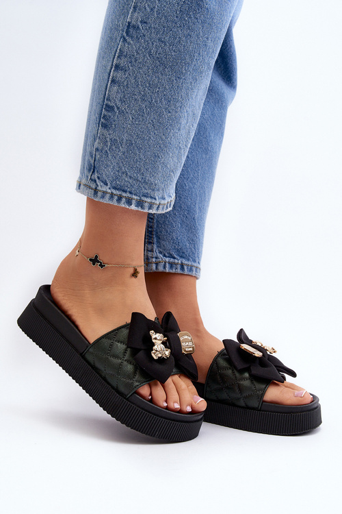 Klapki Damskie Kokarda Miś Czarne Katterina BG146