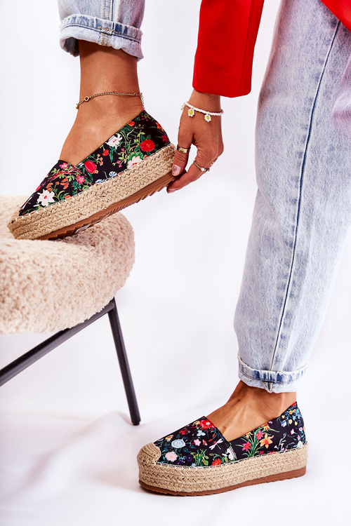 Espadryle Modne Wsuwane Kwiaty Czarne Morice