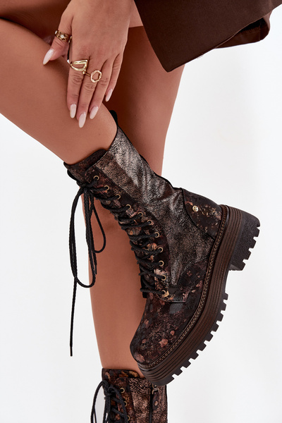 Botki Workery Damskie Skóra Maciejka Brązowo-Złote 06203-32