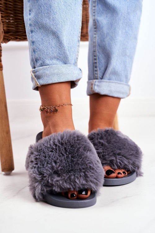 Women's Slides With Fur Grey Sensitive