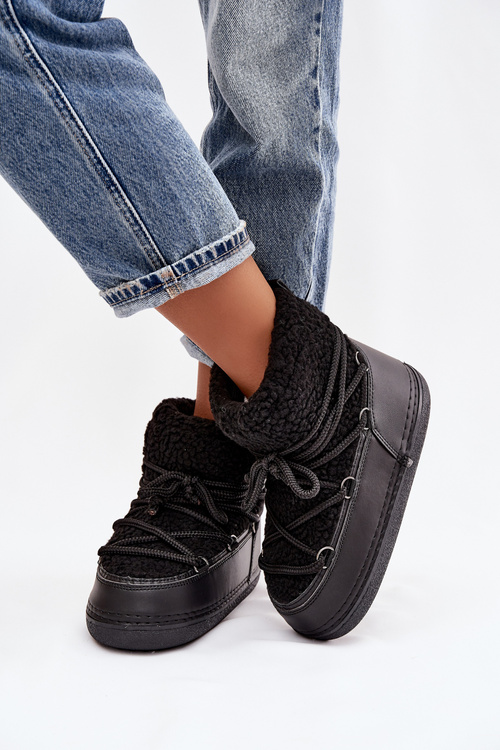 Women's Snow Boots with Sheepskin Type Fur Laced Black Belira