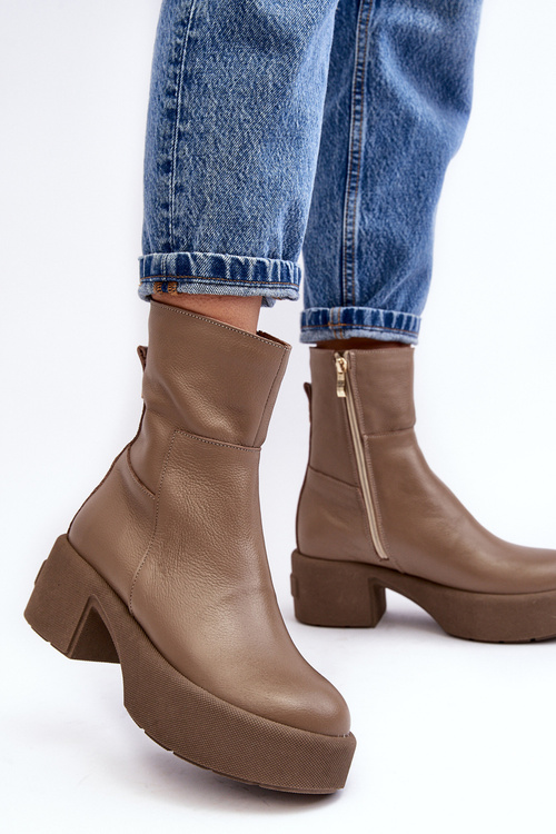 Leather Boots On Low Heel Dark Beige Lemar Volavola