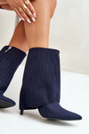 Women's Striped Stiletto Ankle Boots With Rolled Shaft And Pointed Toes Navy Naritua