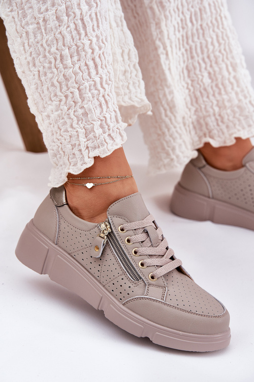 Sneakersy Buty Sportowe Damskie Na Platformie Skórzane Ciemnobeżowe Vinceza 88019