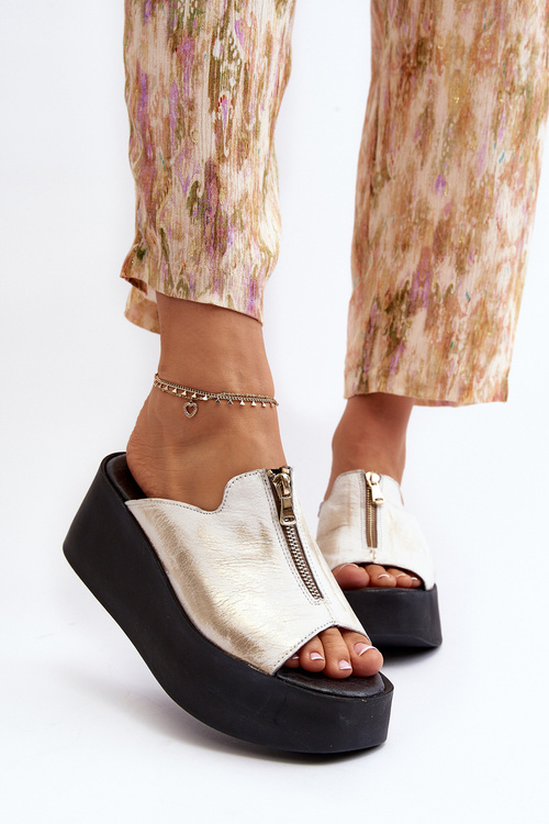 Zazoo 2916 Women's Slippers on Chunky Platform with Zipper Gold