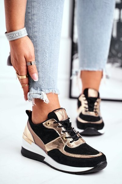 Leather Wedge Sneakers Vinceza 7777 Black-Gold