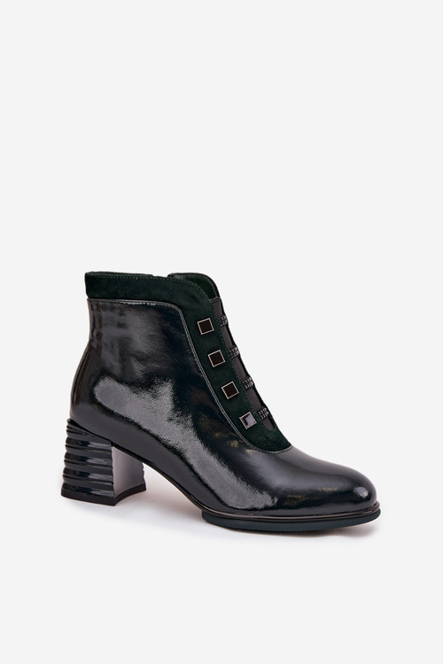 Lacquered Women's Boots Made of Genuine Leather on Heel DACR52696 Dark Green