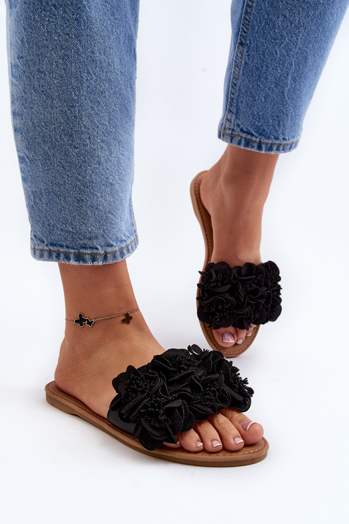 Klapki Damskie Kwiatki Czarne Eelfan CK285P