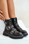 Lacquered Worker Boots With Buckles Black Serizia
