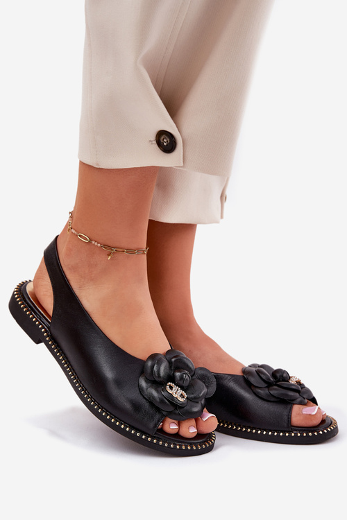 Płaskie Sandały Damskie Skóra Naturalna Ozdoba Czarne CheBello 4642