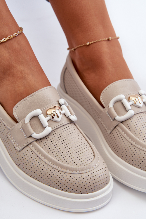 Mokasyny Na Platformie Damskie Skóra S.Barski LR720 Beżowe