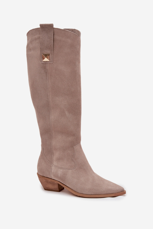 Damskie Kozaki Kowbojki Z Naturalnego Zamszu Ocieplane Cappuccino Zazoo 4224