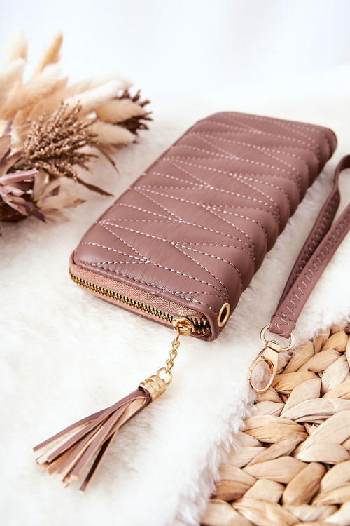 Large Quilted Zip Wallet with Strap Cappucino