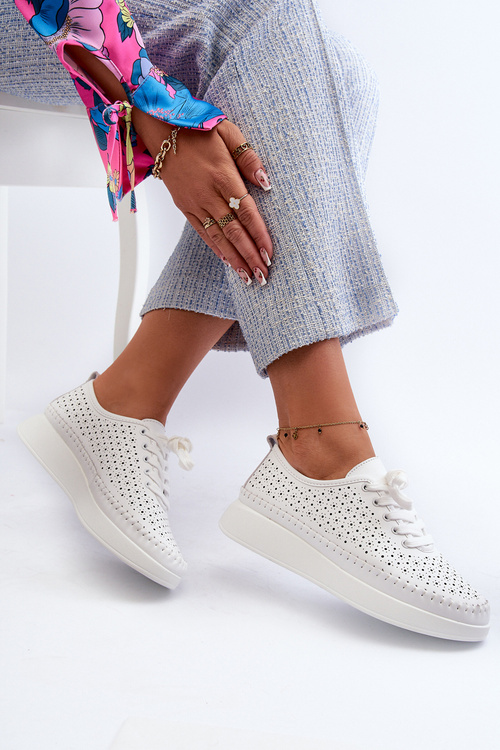 Sneakersy Damskie Skórzane Na Platformie Białe S.Barski LR278