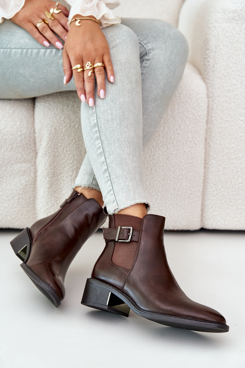 Sztyblety Botki Ocieplane Niski Obcas Złota Klamra Brązowe Vomera