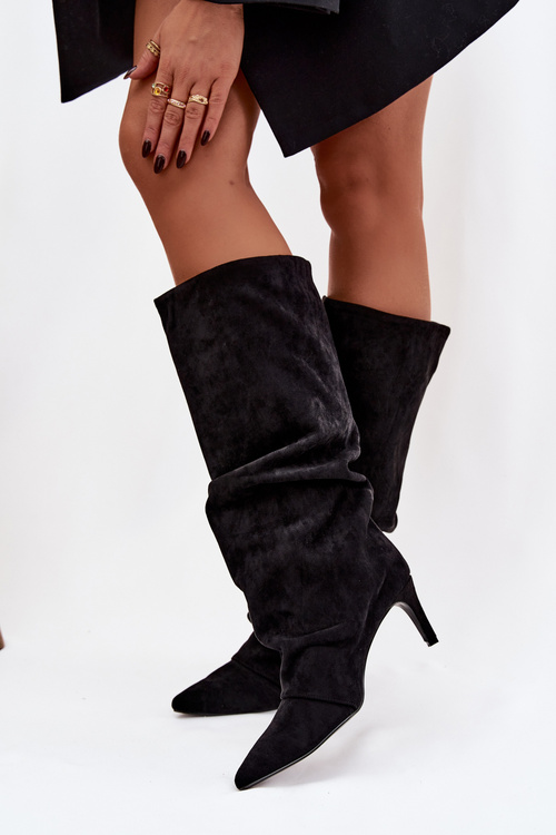 Wrinkled High Heel Boots Made of Eco Suede Lined Black Mavella