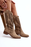 Zazoo 3403 Openwork Low Heel Women's Boots Beige