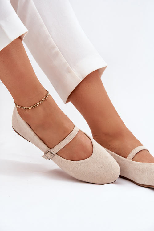 Baleriny Płaskie Z Paskiem Eko Zamszowe Beżowe Tirilina