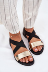 Women's Flat Sandals With Elastic Straps Black-Gold Marinea