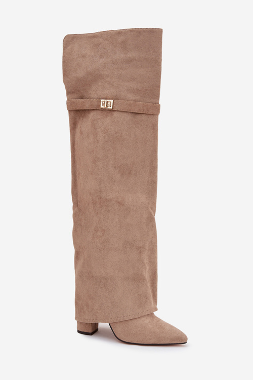Kozaki Wywinięta Cholewka Za Kolano Obcas Słupek Ocieplane Beżowe Serelle