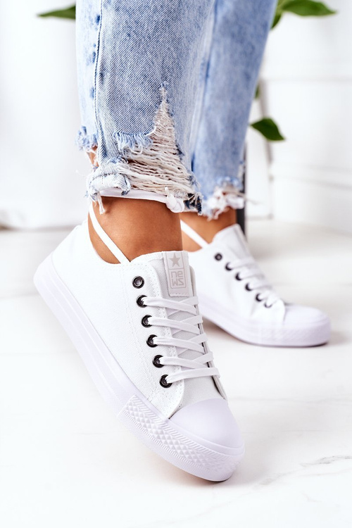 Women's Classic Sneakers White With Silver Eyelets Ecoma