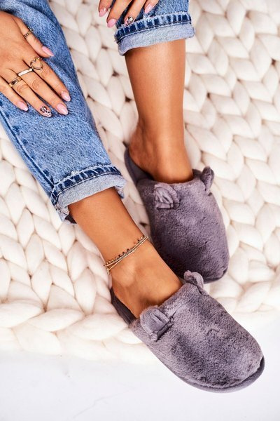 Damskie Futrzane Papcie Z Uszami Szare Hippo