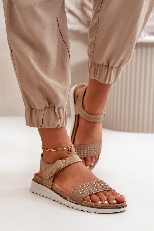 Zdobione Sandały Damskie Na Rzep Lekkie I Wygodne Ciemnobeżowe Inblu CN000039