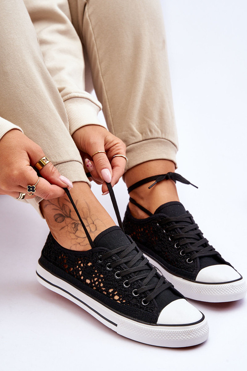 Trampki Damskie Ażur Materiał Czarne Fergo