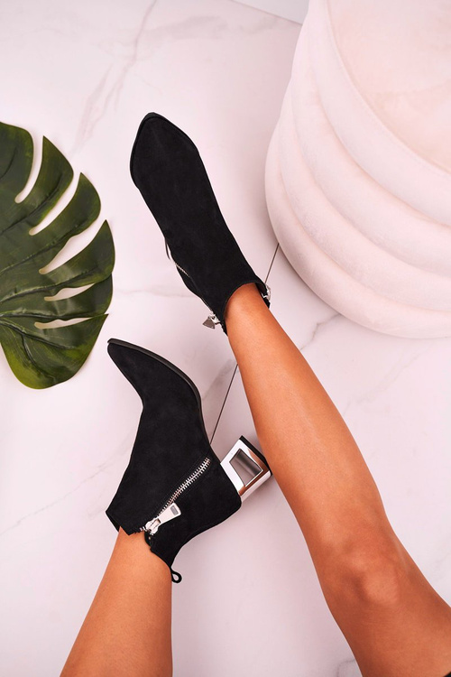 Women's Boots On Silver Block Heel Suede Black Norah