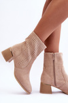 Leather Aperture Boots on Heel Beige Pearls