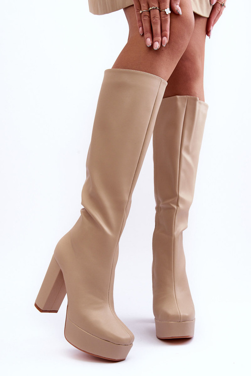 Women's Over The Knee Boots On Heel And Platform Beige Baldrema