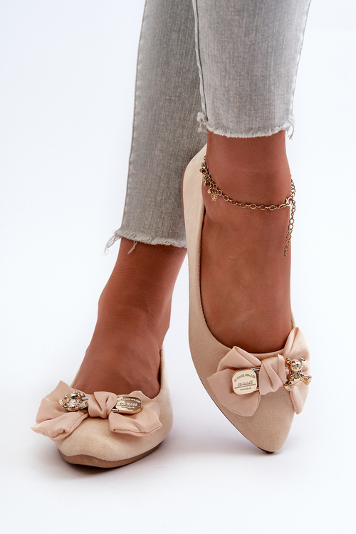 Women's Eco Suede Ballerina Flats with Bow and Brooch in Light Beige Satris