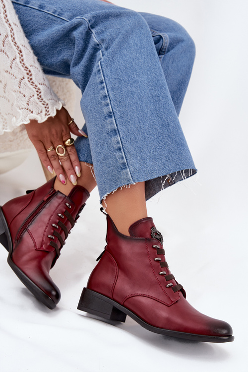 Low insulated ankle boots with zipper and decoration burgundy Nevalia
