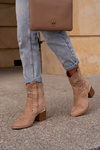 Openwork ankle boots with block heel made of eco suede zip closure dark beige Sevana