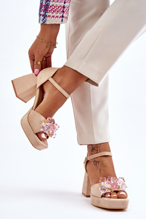 Fashionable Sandals With Crystals On Chunky Heels Beige Garrett