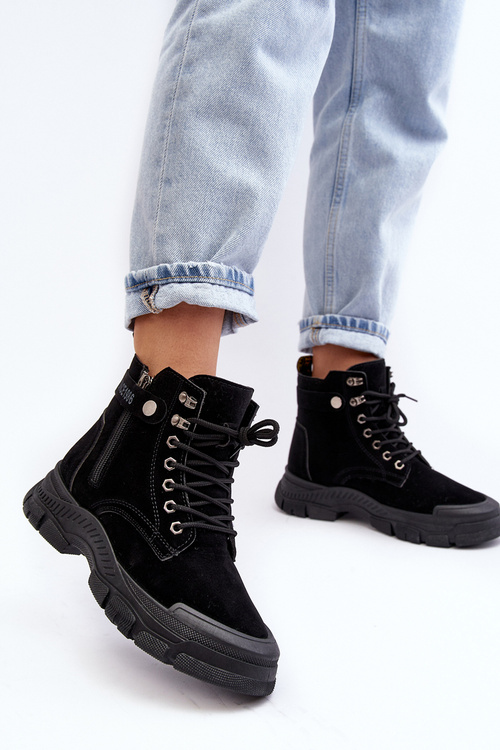 Women's Faux Suede Lined Lace-Up Ankle Boots Black Jailina