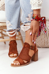 Openwork Sandals On A Block Heel Camel Hey Lover