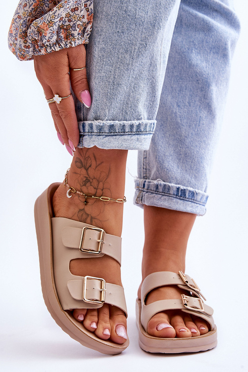 Klapki Damskie Platform Paski Beżowe Clever