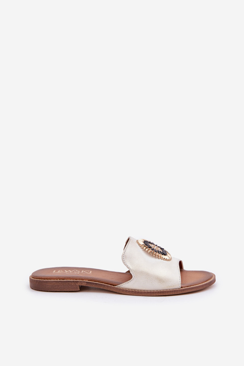 Damskie Klapki Skóra Naturalna Płaski Obcas Ozdoba Złoty Przecierany Lewski 3047/O