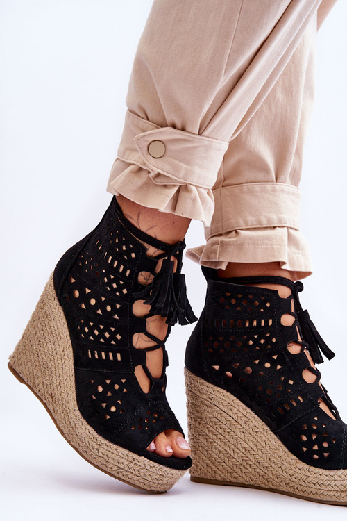 Suede Openwork Wedge Boots Black Berthe