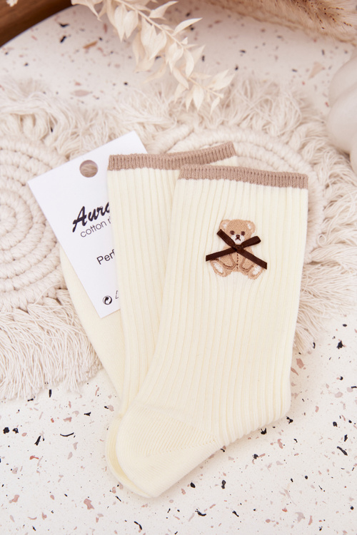 Cotton Socks Striped With Bear Ecru