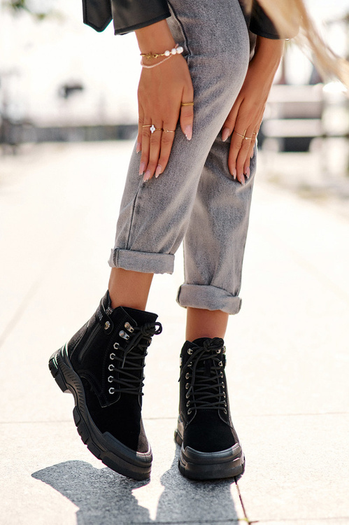 Women's Faux Suede Lined Lace-Up Ankle Boots Black Jailina