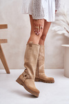Women Suede Knee High Boots Beige Lewski 3615