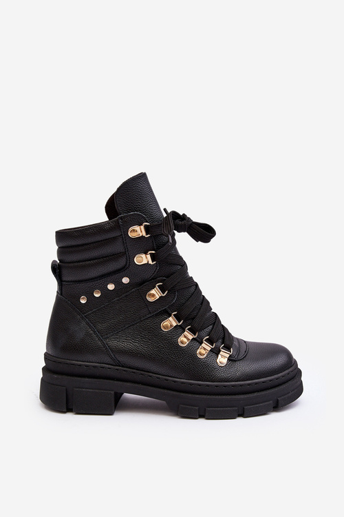 Women's Leather Lace-Up Hiking Boots Zazoo K01 Black