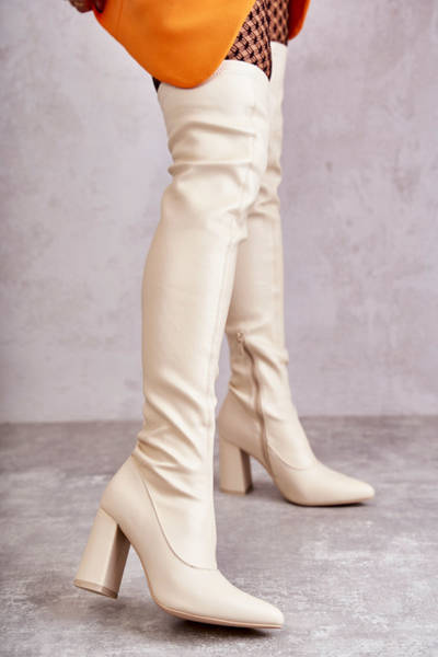 Leather High Heel Boots Beige Casto