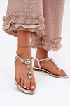 Ladies Sandals On Flat Heel With Crystals Silver Fiolalia